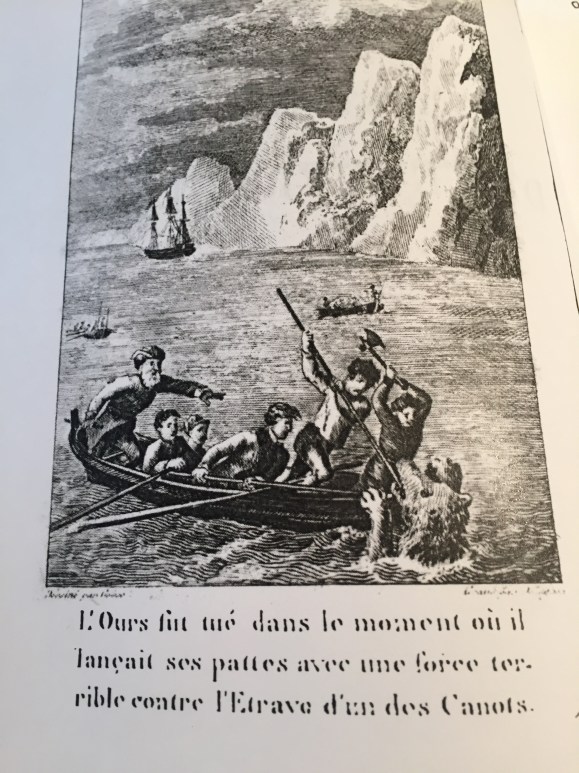 El oso fue muerto justo cuando lanzaba sus garras con una fuerza terrible contra el estrave de la chalupa.